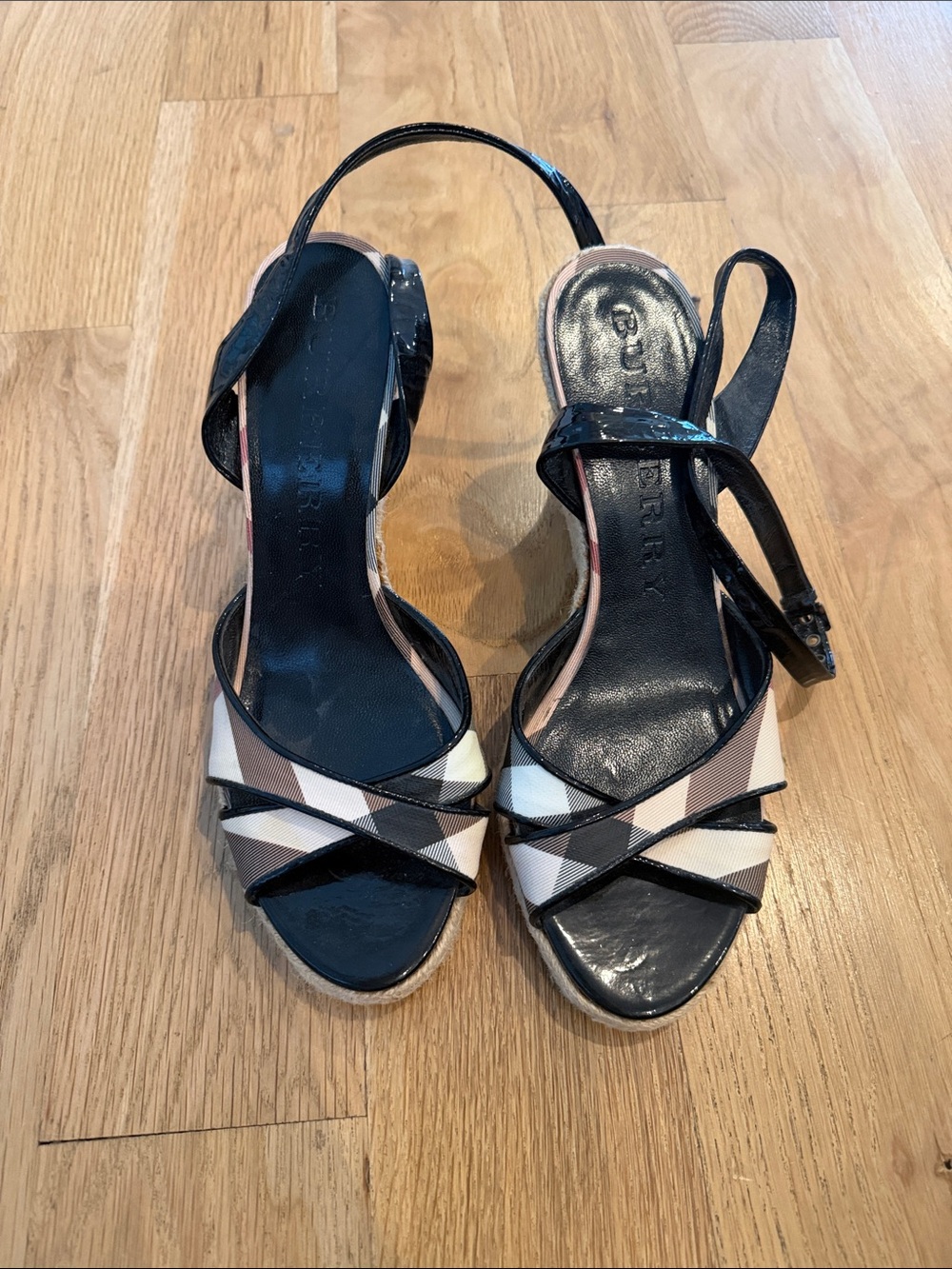 Burberry Black Patent & Nova Check Open-Toe Slingbacks